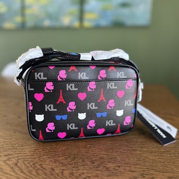 NWT! Karl Lagerfeld Maybelle Paris Double Zip Camera Bag Multi Color Monogram - Picture 2 of 9